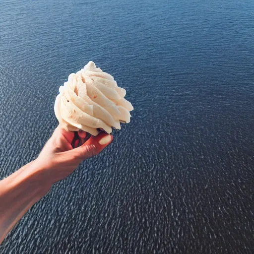 Prompt: a detailed photograph of a levitating chocolate-bacon swirl ice cream cone hovering over the ocean