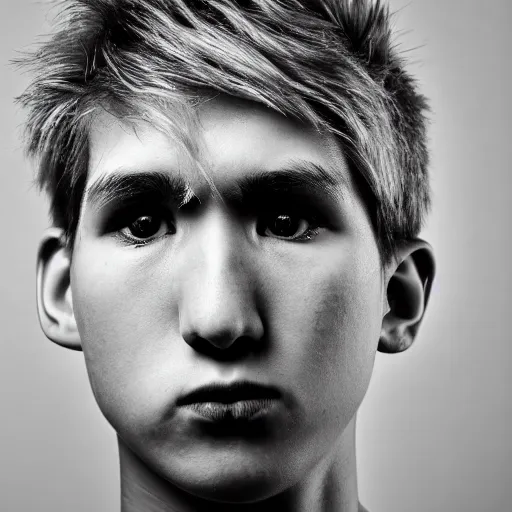 Image similar to portrait of down syndrome xqc, sharp focus, 4 k editorial photograph, soft lighting, black background