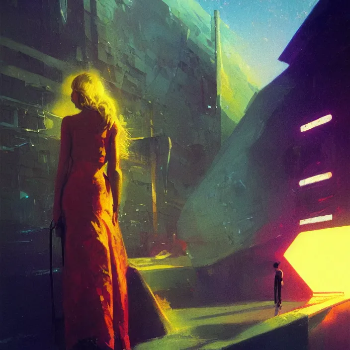 Image similar to lonely lady, portrait, concept art, digital painting, noir, backlit, flare, neon lights, atmospheric, by bruce pennington, by corbusier