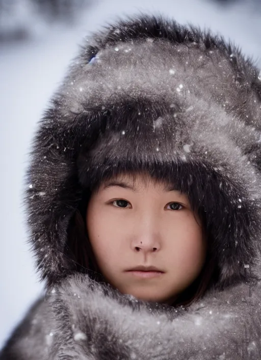 Image similar to closeup portrait of an eskimo girl, depth of field, zeiss lens, detailed, symmetrical, centered, fashion photoshoot, by Annie Leibovitz and Steve McCurry, David Lazar, Jimmy Nelsson, Breathtaking, 8k resolution, extremely detailed, beautiful, establishing shot, artistic, hyperrealistic, beautiful face, octane render