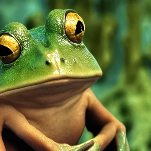 Image similar to movie film still scene, lord of the rings with frog heads