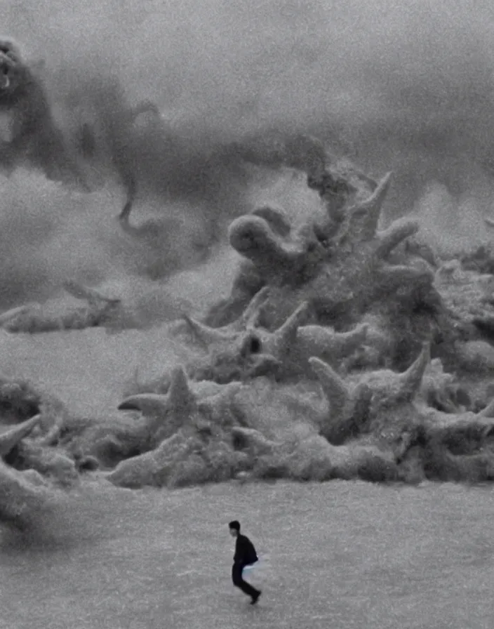 Prompt: a filmstill of a north korean monster movie, kaiju - eiga monster starfish - like trampling a traditional korean palace, foggy, film noir, epic battle, etheral, explosions, thriller, by akira kurosawa and wes anderson video compression