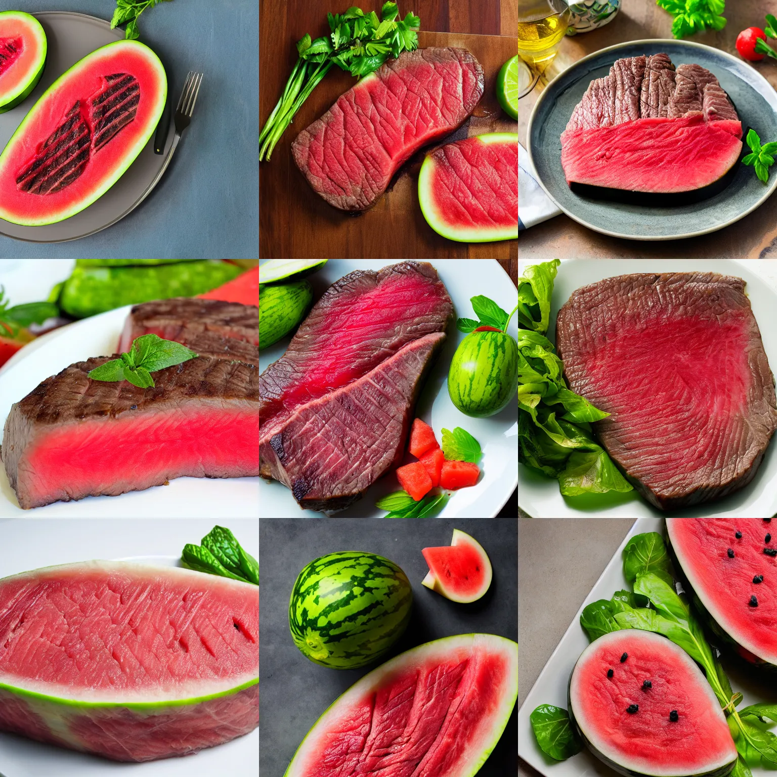 Prompt: beef steak watermelon, freshly sliced