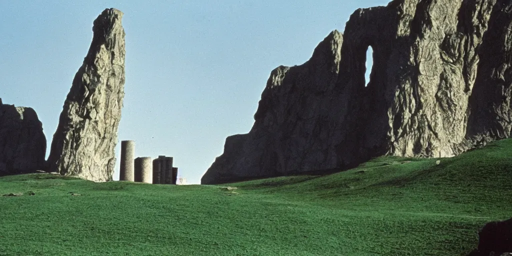 Image similar to A full color still from a Stanley Kubrick film featuring a a large black tower made of stone in a green valley, 35mm, 1975