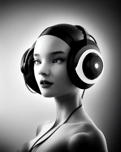 Image similar to black and white dreamy young beautiful female artificial intelligence with a futuristic headset, cinematic, rim light, bokeh, photo - realistic, elegant, high detail, 8 k, masterpiece, photo taken in 1 9 3 0