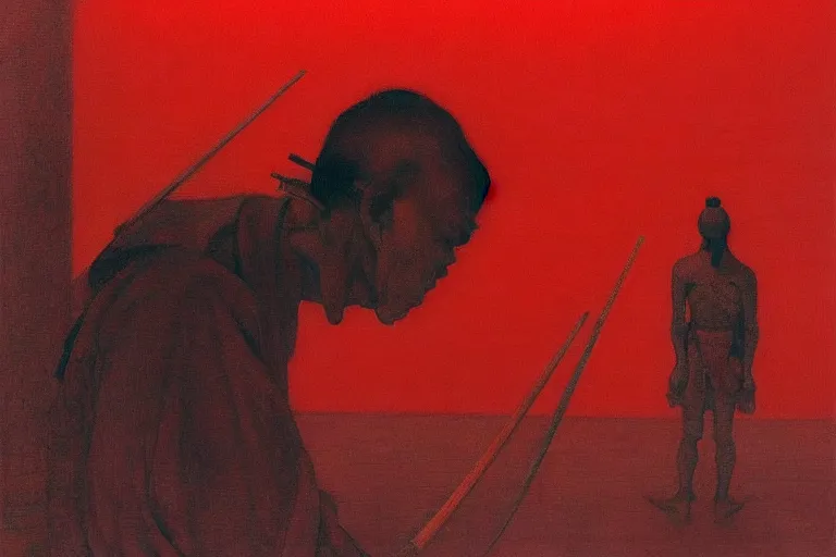 Image similar to only with red, a red samurai do seppuku, tokio, a lot of frogs watch, in the style of beksinski, parts by edward hopper, parts by rodcenko, parts by yue minjun, intricate and epic composition, red by caravaggio, insanely quality, highly detailed, masterpiece, red light, artstation, 4 k