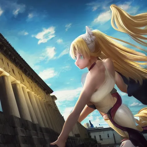 Image similar to blonde - haired princess, anime princess, wearing skinsuit, action pose, parkour, plaza, greco - roman pillars, golden hour, partly cloudy sky, sepia sun, strong lighting, strong shadows, vivid hues, ultra - realistic, sharp details, subsurface scattering, intricate details, hd anime, 2 0 1 9 anime