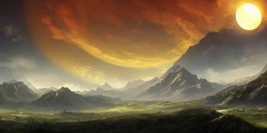 Prompt: large mountains in the distance, solar eclipse, landscape wallpaper, d&d art, fantasy, painted, 4k, high detail, sharp focus, artstation