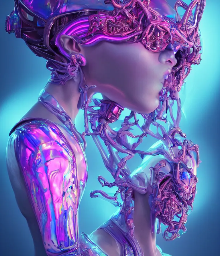 Image similar to iridescent portrait of a beautiful princess in robe. hard surface modelling. cyberpunk look. biomechanical mask. bio luminescent biomechanical halo around head. neon jellyfish. artwork by jarold Sng by artgerm, by Eddie Mendoza, by Peter mohrbacher by tooth wu, unreal engine, octane render, cinematic light, high details, iridescent colors, dichroic, macro, 4l