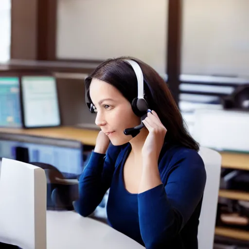 Image similar to woman wearing headset in sit infront computer talking with customers. work from office. photo, digital camera photo.