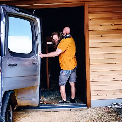 Prompt: photo of a person locked in a cabin with a madman outside, trying to get in with a metal pickup truck outside.