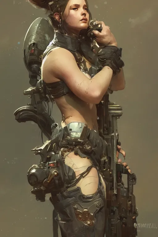 Prompt: A full portrait of a beautiful post apocalyptic heavy gunner, intricate, elegant, highly detailed, digital painting, artstation, concept art, smooth, sharp focus, illustration, art by Krenz Cushart and Artem Demura and alphonse mucha
