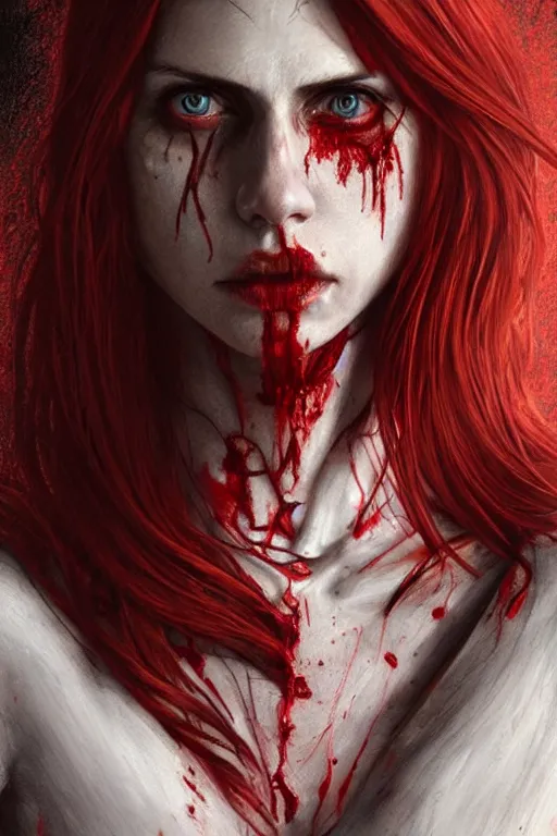 Image similar to woman skeleton body!!, black bones!!, covered with blood, alexandra daddario face!!, long red hair, ultra realistic, concept art, intricate details, highly detailed, photorealistic, octane render, 8 k, unreal engine. retro film still, heavy grain, 3 5 mm, art by artgerm and greg rutkowski and alphonse mucha