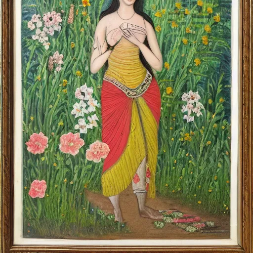 Prompt: detailed painting of a goddess walking through a medow, flowers bloom where she steps