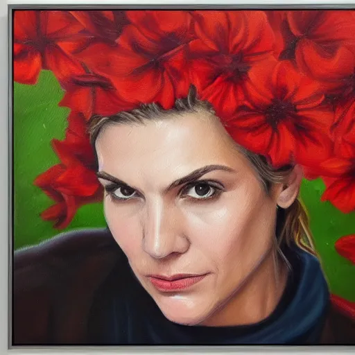 Image similar to highly detailed oil painting of kim wexler, dramatic, cool tone color palette, red flowers frame corners of canvas, 4k,