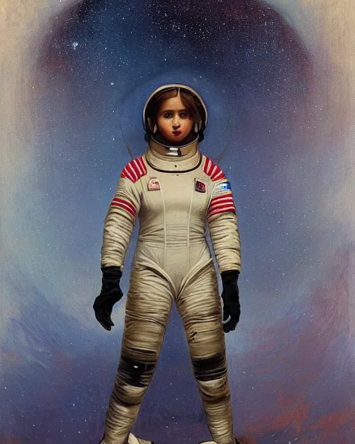 Image similar to a portrait painting of a shy, blushing 1 6 - year old astronaut resembling alicia vikander wearing a skintight spacesuit at night with a sky full of stars, intricate, elegant, highly detailed, artstation, concept art, by krenz cushart and artem demura and william adolph bouguereau and alphonse mucha