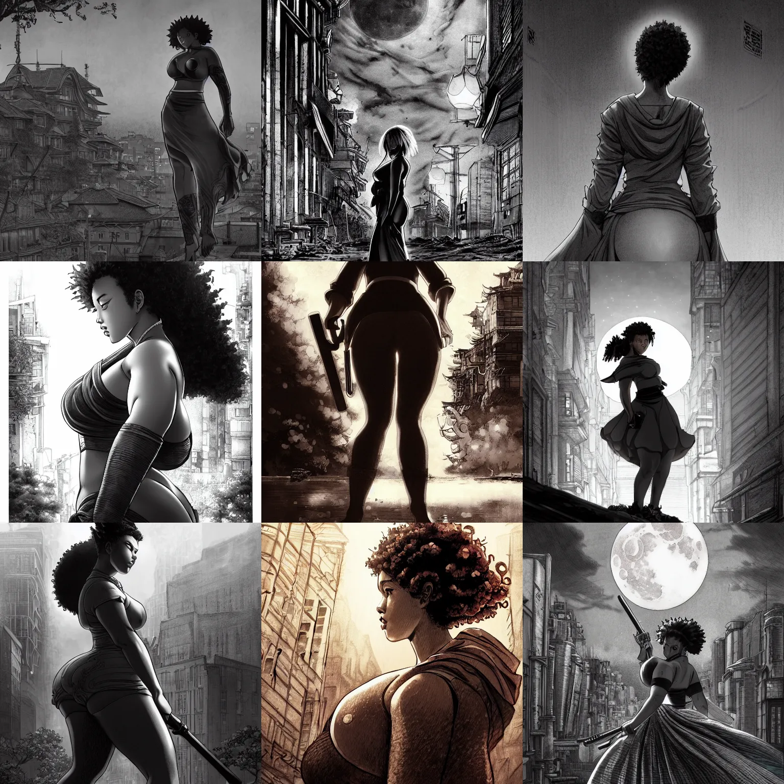 Prompt: realistic, elegant, intricate detail, looking towards camera, stoic pose, plus size, thicc, scarlett johansson, afro samurai anime style, full body profile, dynamic wide angle lens, manga style, by rey bustos and greg rutkowski, pencil and ink, full moon lighting, fully clothed, in a post apocalyptic city, dramatic lighting,