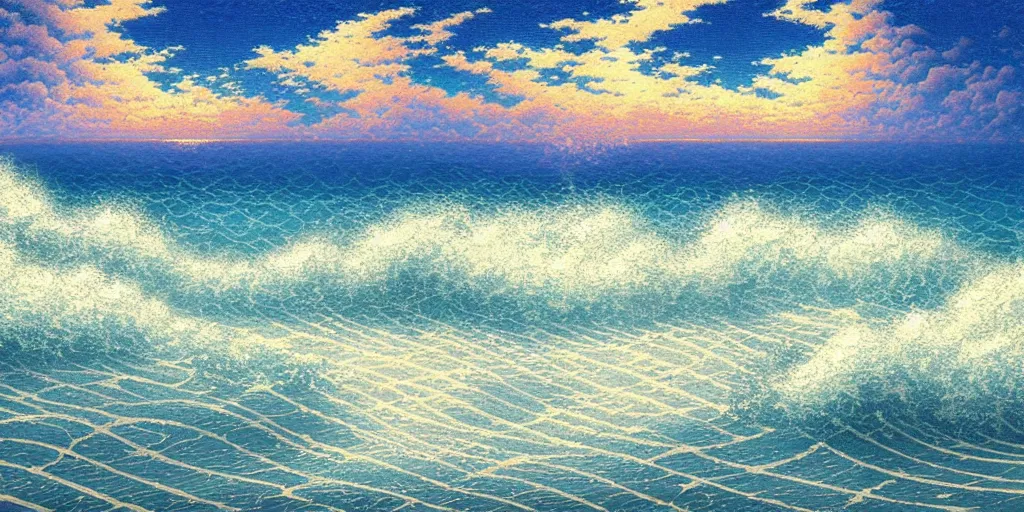 Prompt: clouds and waves, An aesthetically pleasing, dynamic, energetic, lively, well-designed digital art of a beach, ripples, waves, sea foam, light and shadow, overlaid with aizome patterns, Shin-hanga by Thomas Kinkade, traditional Japanese colors, superior quality, masterpiece