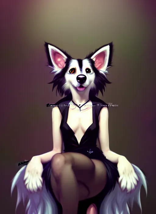 Image similar to wide angle beautiful full body portrait of a cute male anthropomorphic anthro border collie fursona wearing a black dress and sitting in a parlor room, character design by charlie bowater, henry asencio, and ross tran, furry art, furaffinity, beautiful, glamor pose, detailed, aesthetic, trending on artstation