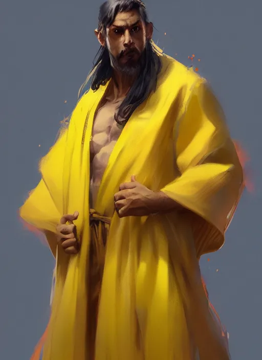 Prompt: concept art of a character wearing a yellow and purple robe by greg rutkowski and artgem, detailed, digital art, trending on artstation, hyper - realistic