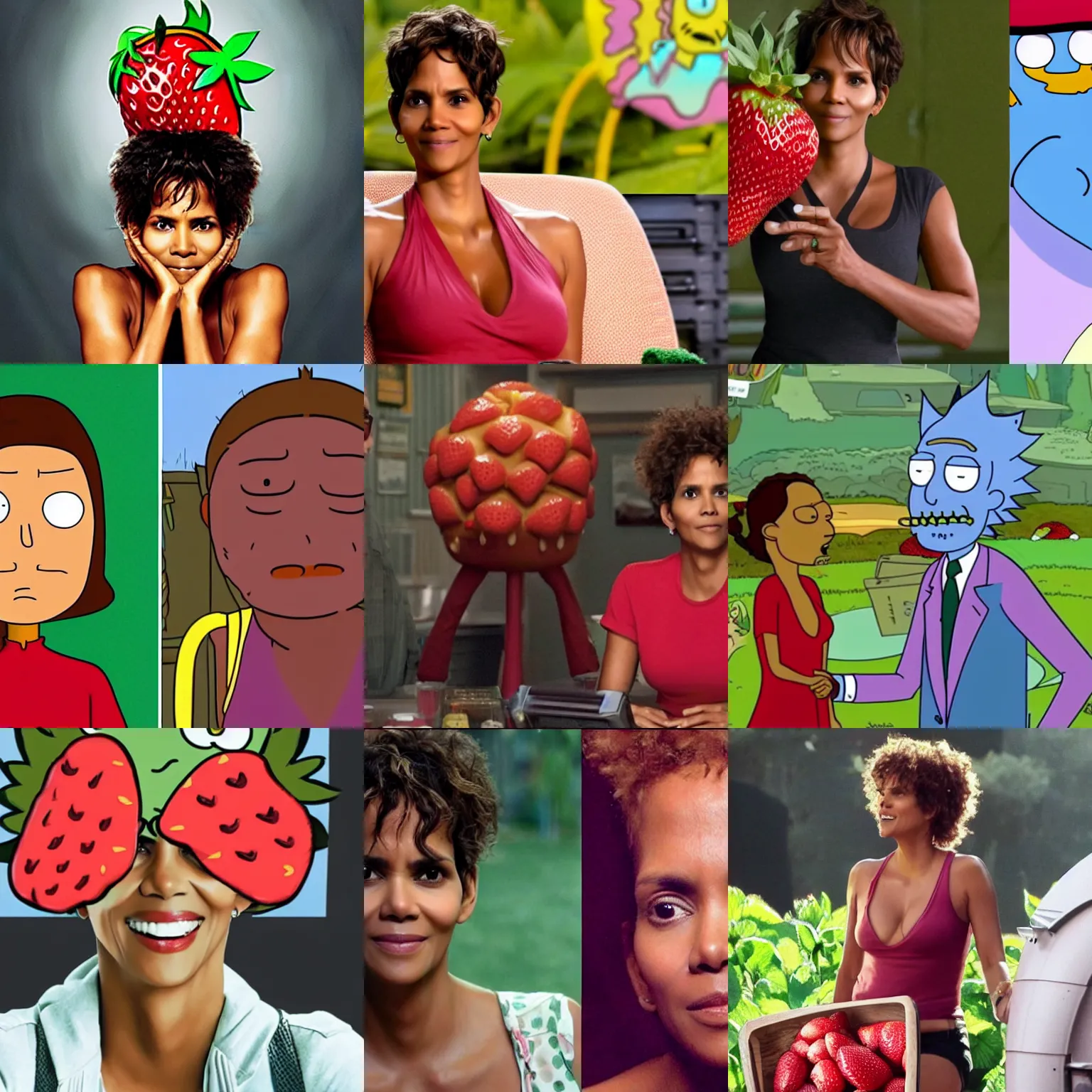 Prompt: halle berry as a strawberry chair, rick and morty