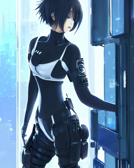 Image similar to 2 b, anime key visual of a young female swat officer, neon, cyberpunk, futuristic, white outfit, black swat vest, swat helmet, holding pdw, stunning, highly detailed, digital painting, smooth, soft focus, illustration, poster, japanese typography, digital art from artstation by artgerm and greg rutkowski and alphonse mucha