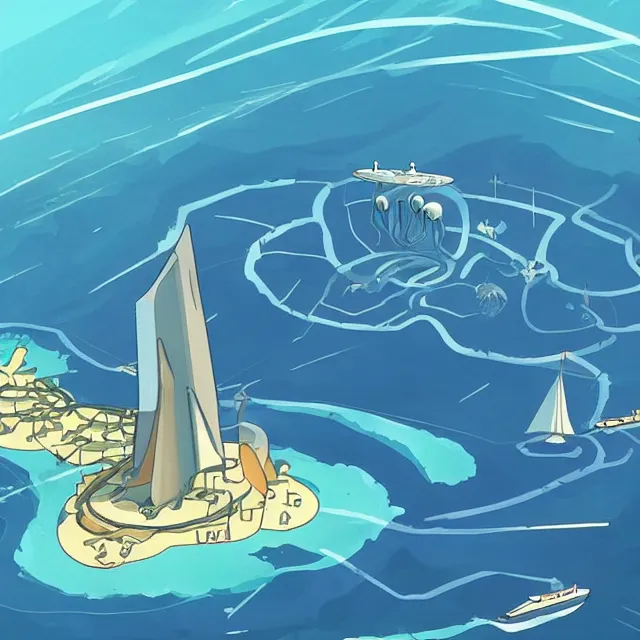 Prompt: a series of connected island research stations in the middle of the ocean, hi tech, futurism, rhads!!!, ominous, digital science fiction realism, archipelago!!, urban fantasy, saturday morning cartoon, clean linework, ( alexander archipenko ), western animation