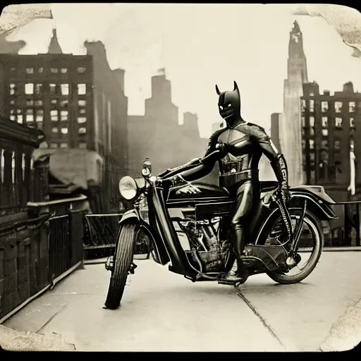 Image similar to old black and white photo, 1 9 1 3, depicting batman on a motorcycle from dark knight rampaging through the bustling streets of new york city, rule of thirds, three - point perspective, historical record