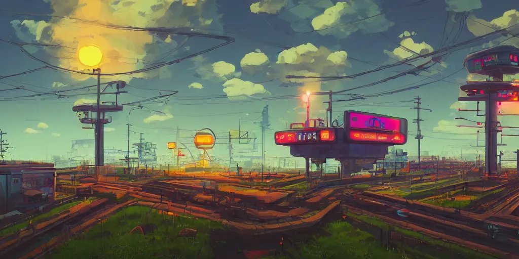 Image similar to Platform game, Portrait of a platform game, Very Cloudy Sky, Sun, Neon Lights, Subject in Middle, side scrolling 2d, Rule of Thirds, 4K, Retrofuturism, Studio Ghibli, Simon Stålenhag