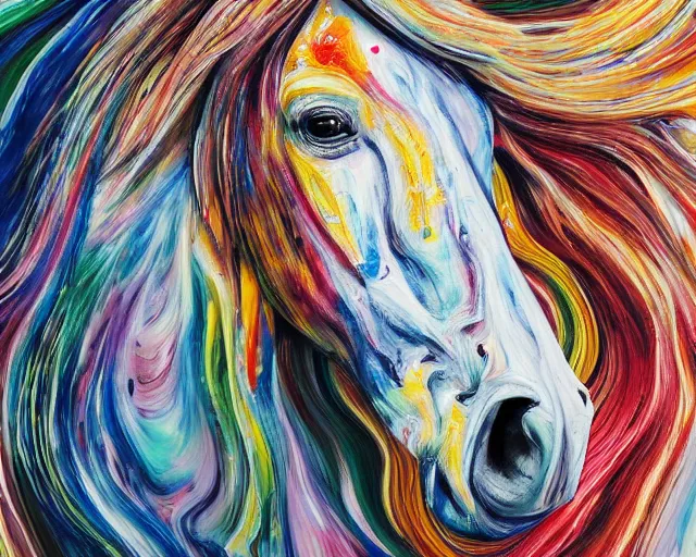 Image similar to still shot close up footage of the portrait of a horse head explodes and disintegrates into acrylic pour and splashing paint, motion blur, hyperrealistic, medical, intricate art photography, anatomically correct, realistic crisp textures, 1 6 k