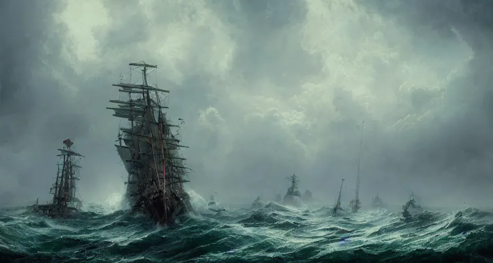 Prompt: giant enormous fierce sailing battleship, raging sea foggy, dramatic, action scene, stormy background, shipfleet on the horizon, high detail, greg rutkowski, james gurney, gene wolfe, gustave dore, jesper ejsing, rhads, makoto shinkai, ilya kuvshinov