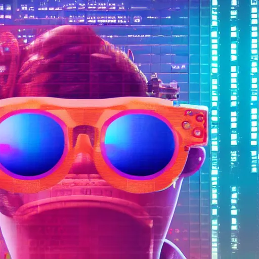 Prompt: A toad wearing sunglases with the reflection of computer code, cyberpunk, vaporwave, detailed