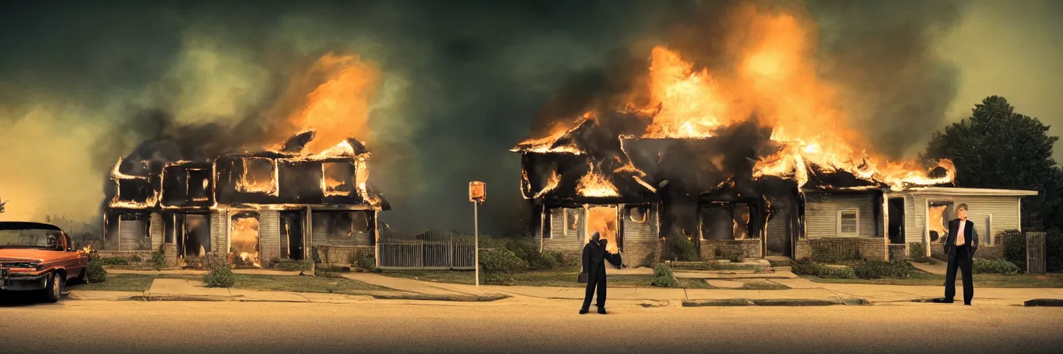 Image similar to medium format photo, cinema still from david lynch movie, sleazy man watching night streets while a single house burns in the background of suburbia, haze, americana, high production value, intricate details, 8 k resolution, hyperrealistic, hdr, photorealistic, high definition, high details, tehnicolor, award - winning photography, masterpiece, amazing colors