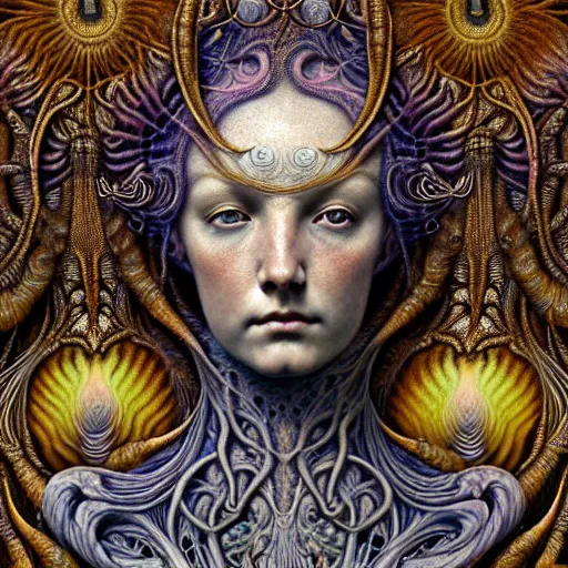 Image similar to detailed realistic beautiful calaveras goddess portrait by jean delville, gustave dore, iris van herpen and marco mazzoni, art forms of nature by ernst haeckel, art nouveau, symbolist, visionary, gothic, neo - gothic, pre - raphaelite, fractal lace, intricate alien botanicals, biodiversity, surreality, hyperdetailed ultrasharp octane render