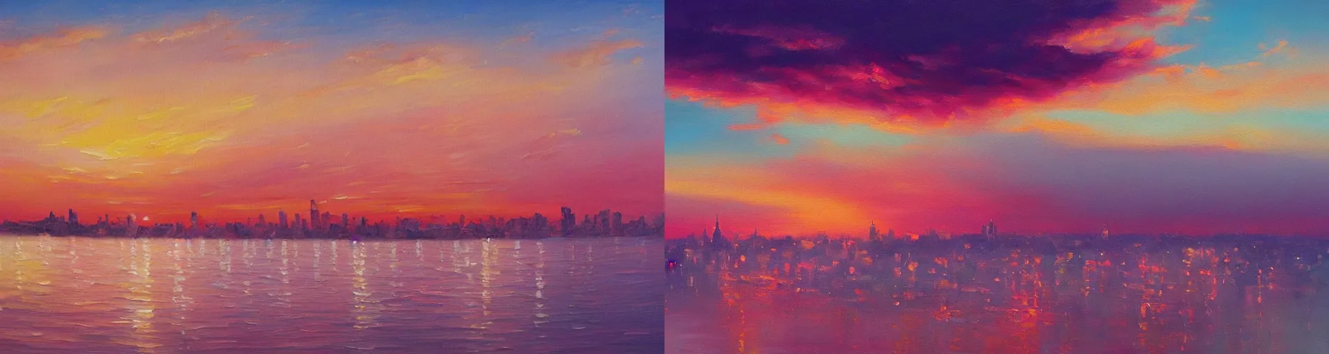 Prompt: a beautiful city floating in the clouds during a pink sunset, colored oil painting