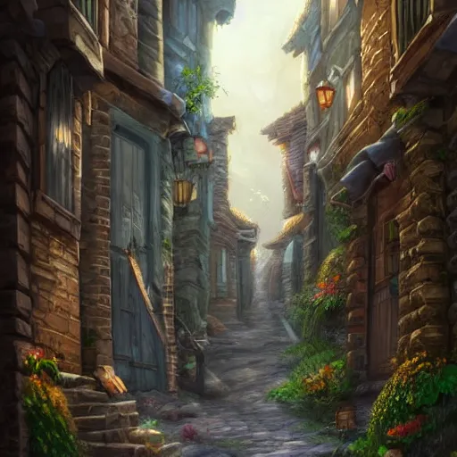 Image similar to narrow street between houses, fantasy art, concept art, high detail