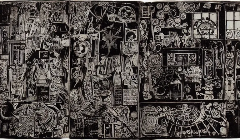 Image similar to Ancient codex featuring the writings and illustrations of a Filipino death cult, System Shock 2, Deus Ex, by Nam June Paik, Maya Deren, Pieter Bruegel the Elder, Shiro Takatani