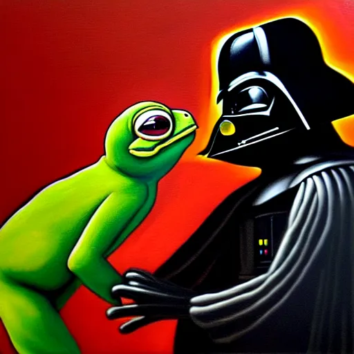 Image similar to a detailed painting of pepe the frog fighting darth vader by caravaggio