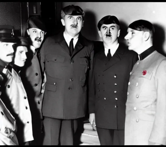 Prompt: Adolph Hitler posing with the Beatles for a photo