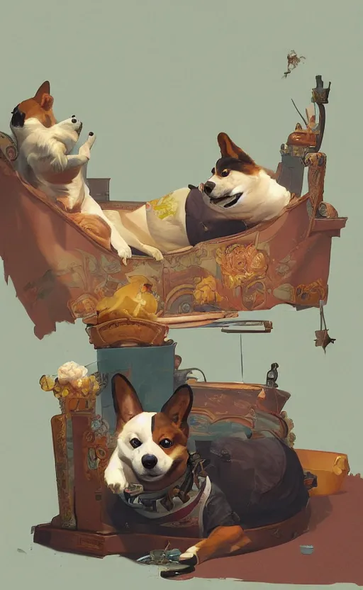 Prompt: beautiful fantasy painting of lofi hiphop assassin corgi king chilling in his palace and his crew, by Sergey Kolesov, Martine Johanna, Jake Parker. Trending on Artstation, 8k, masterpiece, graffiti paint, dishonored, fine detail, full of color, intricate detail