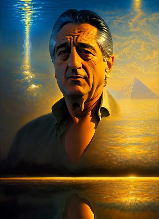 Prompt: portrait oil painting of the reflection silhouette of robert de niro in the nilo river, egypcian, pyramids, nilo river, water reflections, ultra realistic, intricate details, luminous skies, highly detailed, michael cheval, peter mohrbacher, boris vallejo, jessica rossier, oil painting, highly detailed, cinematic lighting