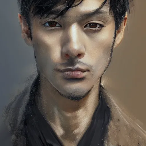 Image similar to portrait of a man by ayami kojima, he is about 3 0 years old, short black hair with bangs, his features are a mix between french, turkish and russian and he is wearing a beige and black utility jumpsuit, scifi, highly detailed portrait, digital painting, artstation, concept art, smooth, sharp foccus ilustration, artstation hq