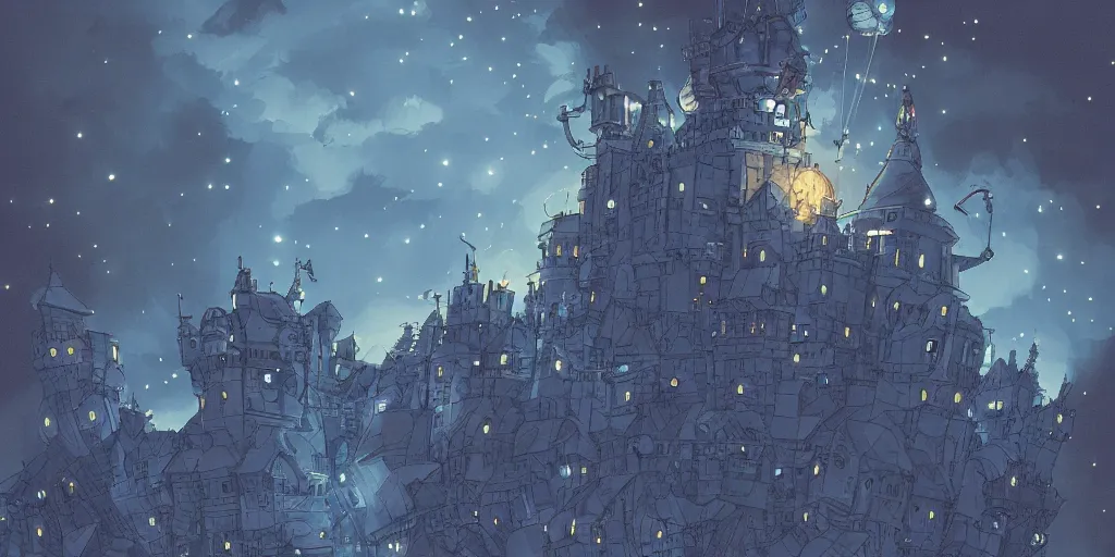 Image similar to Howl\'s Moving Castle at night, dark, dark blue, midnight, fairy lights, hyper-detailed, trending on Artstation, 8k, 4k, high-res, digital art