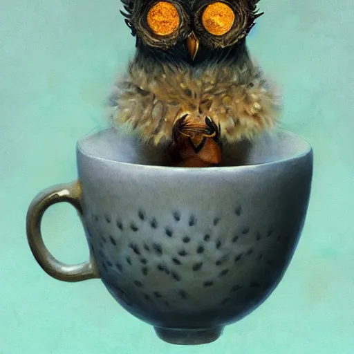 Image similar to long shot of a very cute owl chick nesting in a very romantique cup, by esao andrews, by james jean, humorous illustration, hyperrealistic, big depth of field, warm colors, night scenery, low light, 3 d octane render, 4 k, conceptart, hyperdetailed, hyperrealistic, trending on artstation
