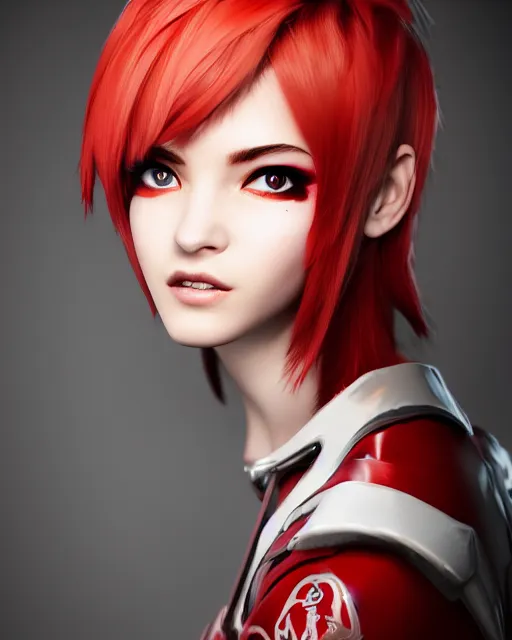 Image similar to a girl with short red hair, cool, vi from arcane, league of legends, fighter, cool red jacket, tattoo, beautiful, 3 d, potrait, art staion, studio light, closeup shot, octane render, wlop