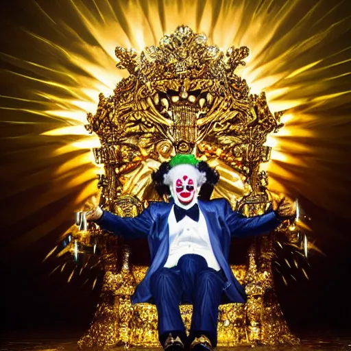 Image similar to anime of a shining majestic throne made of millions of diamonds, gold and zaphires with thousands of light reflections, and a clown on a tuxedo suit is sitting on the throne while handing a golden balloon, dramatic light