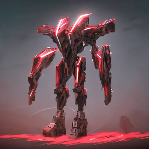 Image similar to bipedal mech red and white accents volumetric light intricate complex machine detailed concept art sharp focus coherent