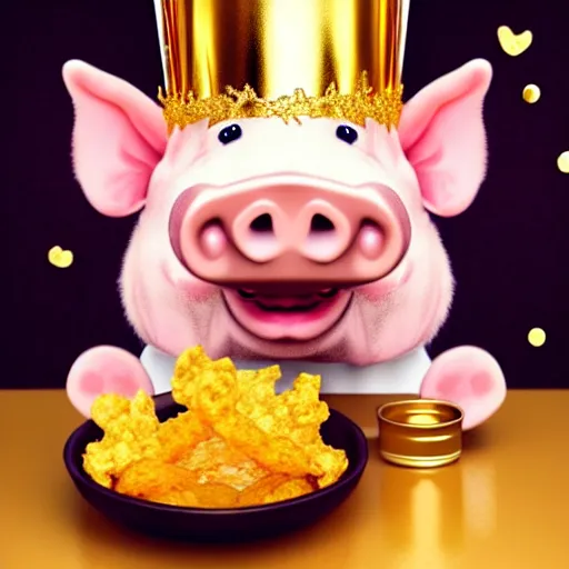 Image similar to realistic photo of a cute puppet pig wearing a gold crown drinking beer and eating a bowl pork rinds a table with a bib on, high quality, cinematic concept art