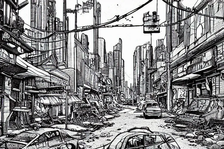 Prompt: A post apocalyptic city street in the style of a Moebius drawing