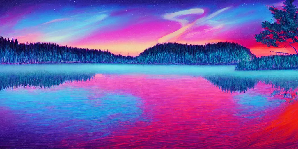 Image similar to beautiful award winning synthwave painting of a canadian lake, extreme detail, digital art, 4 k, ultra hd